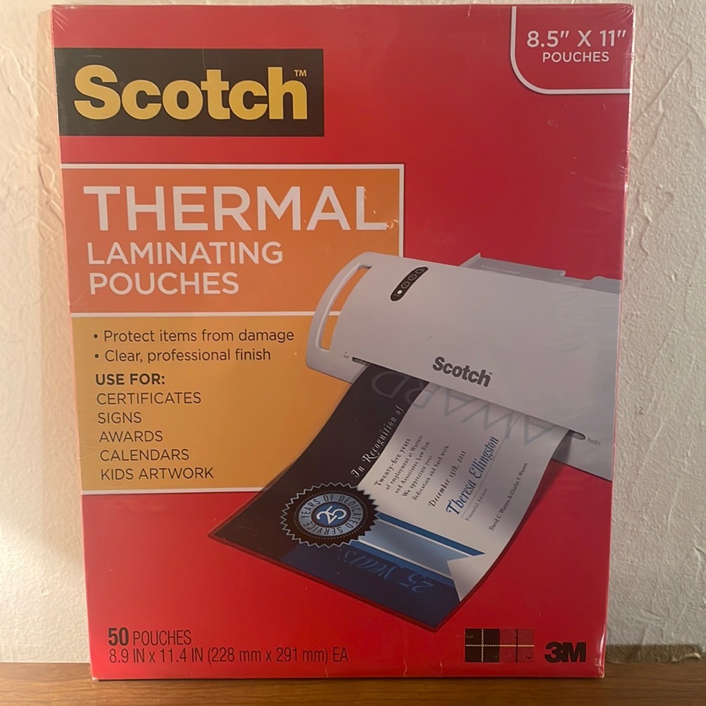 Scotch Letter Size Thermal laminating pouches, 3 mil, 11.5x9, 50/pk, MMMTP385450